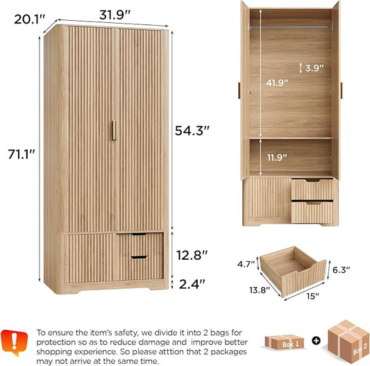 Vabches 71” Fluted Armoire Wardrobe Closet with 2 Doors and Drawers Tall Wooden Wardrobe Cabinet with Large Storage, Hanging Rod, 2 Shelves, Golden Metal Handle