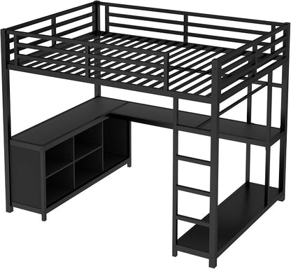 Bellemave Full Size loft Bed with L Desk, Wardrobe, Metal Full Loft Bed Frame for Adults, Kids, Teens, Black