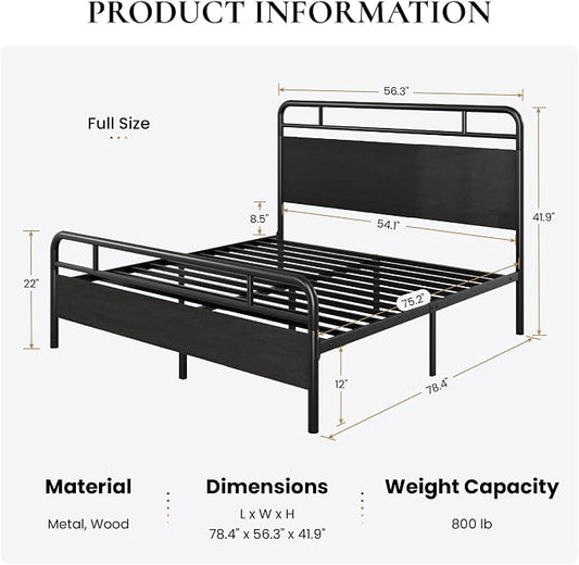SHA CERLIN Full Size Bed Frame with Vintage Industrial Wood Headboard, Heavy Duty Metal Platform with 12" Under-Bed Storage, Mattress Foundation, No Box Spring Needed, Noise-Free, Easy Assembly, Black