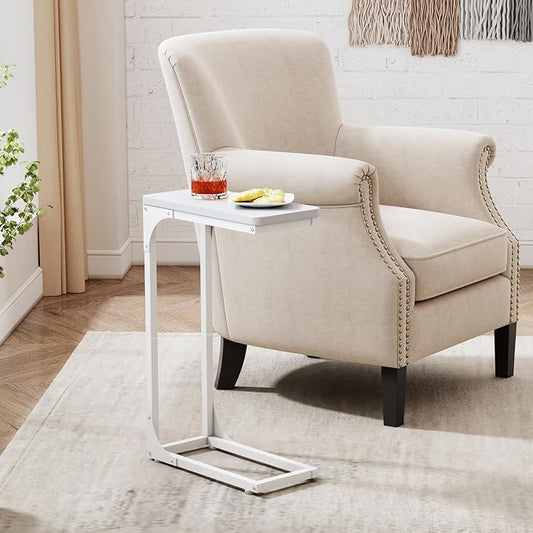 QEEIG Narrow C Shaped Side Table Set of 2 Living Room Sets Slim Couch Tray Tables Skinny Thin Small Modern 7 inch Width, White (017-18WW)