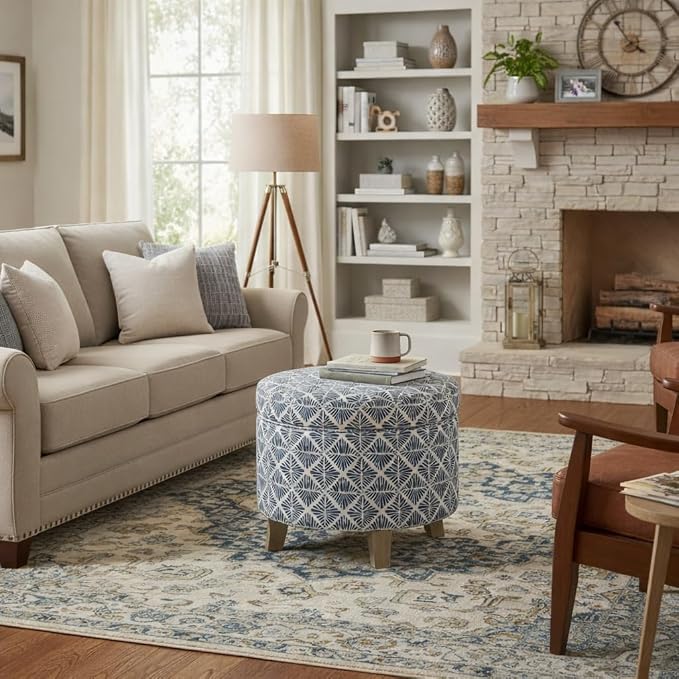 Homepop Home Decor | Upholstered Round Storage Ottoman | Ottoman with Storage for Living Room & Bedroom with Flared Legs, Navy Blue Geometric Pattern Large