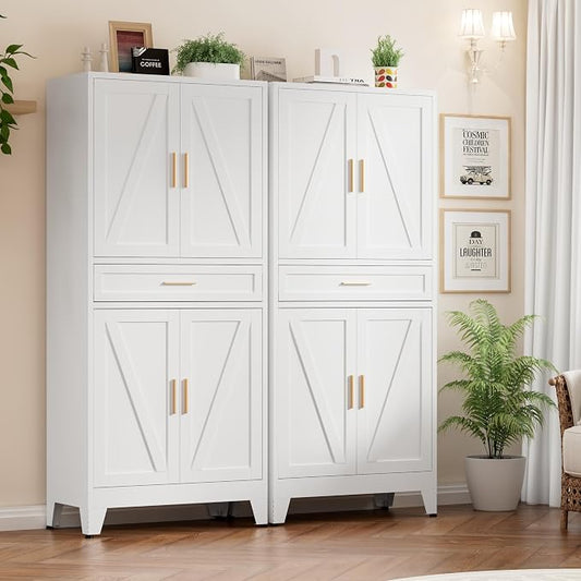 Metal Storage Cabinets with Drawer, 71" Filing Cabinet with 4 Adjustable Shelves & 4 Doors, Modern Abstract Rhombus Geometric Design File Cabinet for Home,Office,Garage,Shop,School, White