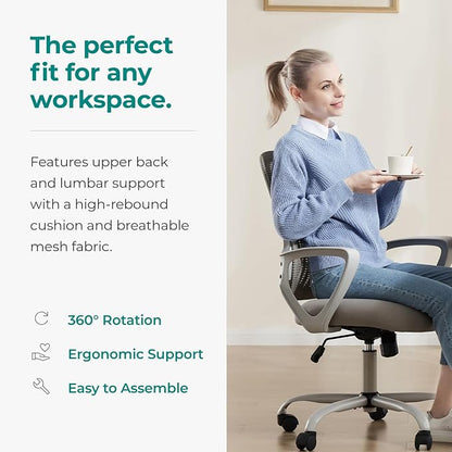 OLIXIS Home Office Chair, Mid Back Computer Ergonomic Mesh Desk with Large Seat, Executive Height Adjustable Swivel Task with Lumbar Support and Armrest, for Adults, Grey