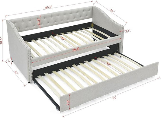 KEIKI Twin Size Upholstery Daybed with Trundle and Headboard, Mid-Century Style Tufted Sofa Bed with Button on Back, Easy Assembly, No Box Spring Required, for Living Room and Bedroom, Beige