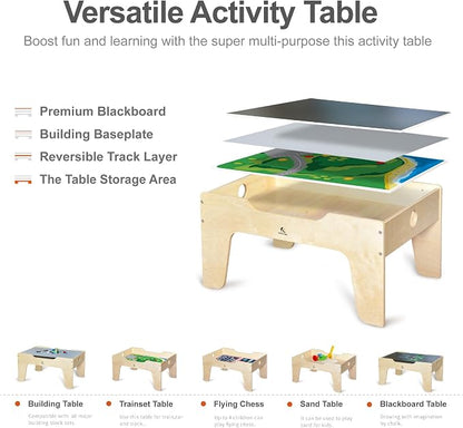 Kid's Multi-Purpose Activity Play Table with 60 Big Building Bricks and 30-Piece Wooden Train Set for Toddlers(Big-peg Baseplate Version)