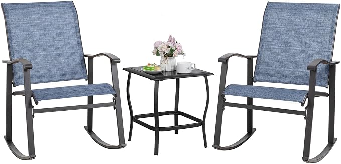 Shintenchi Rocking Chair Outdoor with Table, 3 Piece Rocking Patio Bistro Set, Outdoor Furniture Set with Metal Frame and Textilene Fabric for Small Space, Dark Blue