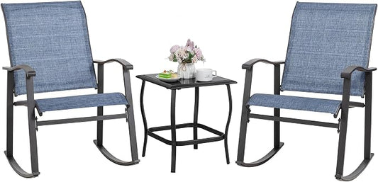 Shintenchi Rocking Chair Outdoor with Table, 3 Piece Rocking Patio Bistro Set, Outdoor Furniture Set with Metal Frame and Textilene Fabric for Small Space, Dark Blue