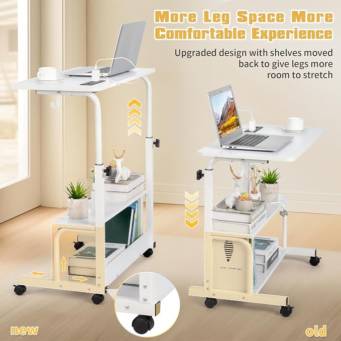 Karl home 31.5" Portable Rolling Desk on Wheels,Height Adjustable Standing Desk with 2 AC Outlets/3 USB Ports,Mobile Laptop Table with Hooks and Storage Shelves for Home Office,White