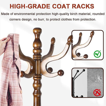 Coat Racks Freestanding, Natural Wood Coat Stands with 14 Hooks, 73" Heavy Duty Adjustable Height Vintage Hall Tree for Entryway, Bedroom, Office, Easy Assembly (Triangular Antique)