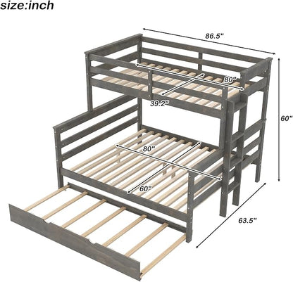 Merax Twin XL Over Queen Bunk Bed Wood Detachable Bunk Bed with Trundle & Ladder, Multifunction Bunk Bed,Can be Separated into 3 Beds, No Box Spring Needed,Space Saving,Gray