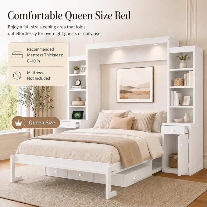 Queen Murphy Bed with Desk, Wall Bed Cabinet with Storage Shelves, Enclosed Cabinets and Hidden Foldout Workstation, Folding Cabinet Bed, Space Saving Bed for Guest Room, Home Office (Antique White)
