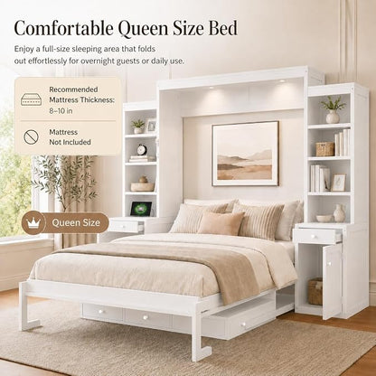 Queen Murphy Bed with Desk, Wall Bed Cabinet with Storage Shelves, Enclosed Cabinets and Hidden Foldout Workstation, Folding Cabinet Bed, Space Saving Bed for Guest Room, Home Office (Antique White)