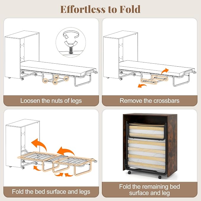 KOMFOTT Murphy Bed Cabinet, Rolling Folding Bed into Cabinet with Mattress & Lockable Wheels, Folding Bed Frame for Small Space, Roll Away Pull Out Murphy Bed for Guest Room Office