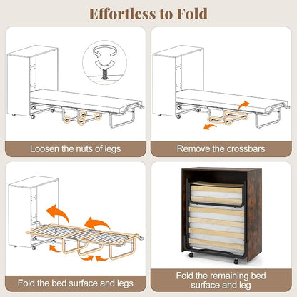 KOMFOTT Murphy Bed Cabinet, Rolling Folding Bed into Cabinet with Mattress & Lockable Wheels, Folding Bed Frame for Small Space, Roll Away Pull Out Murphy Bed for Guest Room Office