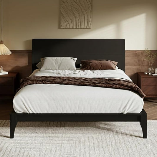 Merax Queen Size Bamboo Platform Bed, Mid-Century Modern Bed Frame with Tall Headboard, Solid Sustainable Bedframe Queen-Size, Wood Slat Support, No Box Spring Needed, Easy Assembly, Noise Free, Black