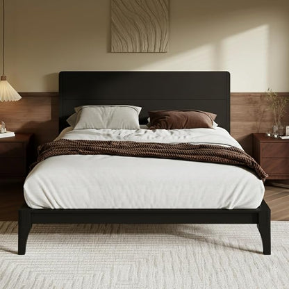 Merax Full Size Bamboo Platform Bed, Mid-Century Modern Bed Frame with Tall Headboard, Solid Sustainable Bedframe Full-Size, Wood Slat Support, No Box Spring Needed, Easy Assembly, Noise Free, Black