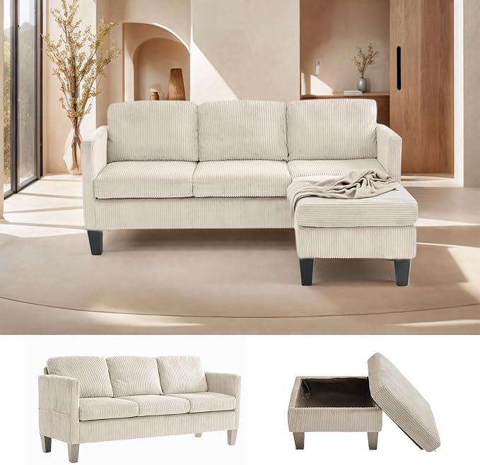 67'' L-Shaped Velvet Modular Sectional Couch Sofa with Ottoman, 3-Seat Convertible Cloud Deep Seat Sofa Couches for Living Room Bedroom Apartment, Cozy Chaise Lounge Sofas (Off White)