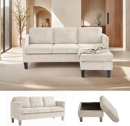 67'' L-Shaped Velvet Modular Sectional Couch Sofa with Ottoman, 3-Seat Convertible Cloud Deep Seat Sofa Couches for Living Room Bedroom Apartment, Cozy Chaise Lounge Sofas (Off White)