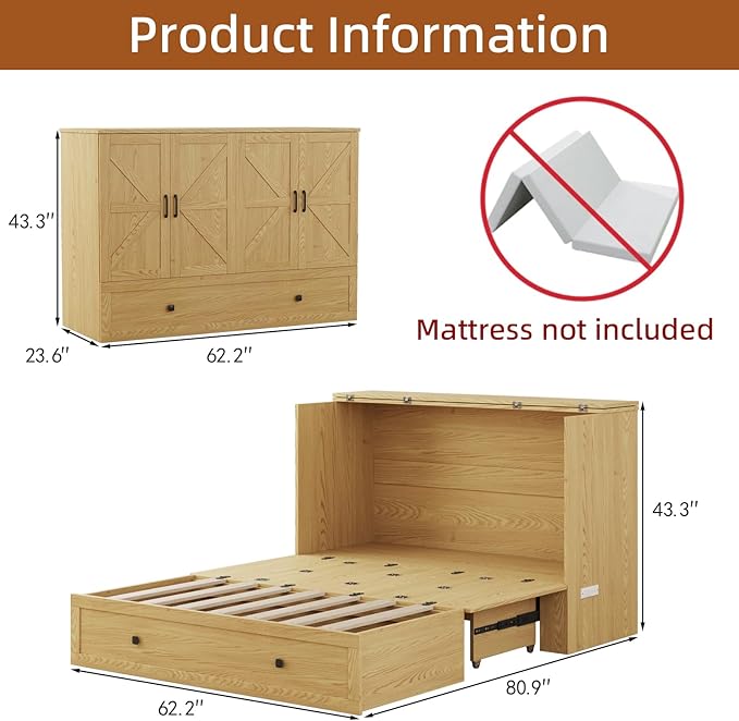 LIVAUVEAD Murphy Bed Queen with Storage & Charging Station, Murphy Cabinet with Foldable Panel, Noisy Free, for Guest Bedroom, Living Room, Office, Distressed,Natural