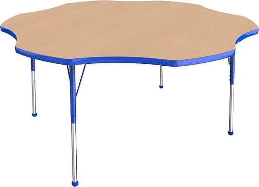 FDP Flower Activity School and Office Table (60 inch), Standard Legs with Ball Glides for Collaborative Seating Environments, Adjustable Height 19-30 inches - Maple Top and Blue Edge