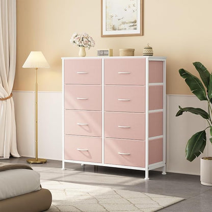 OLIXIS 8 Drawer Storage Dresser with Wood Top - Wide Fabric Chest Organizer for Bedroom, Closet, Living Room,Tower Cabinet, TV Stand, Hallway Entryway Furniture,Pink