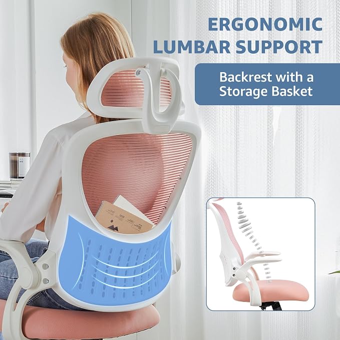 DUMOS Ergonomic Office Chair – High Back Mesh Computer Chair with Lumbar Support, Headrest, Flip-up Arms, and Swivel Wheels – Comfortable Gaming & Desk Chair for Home Bedroom Office,Pink