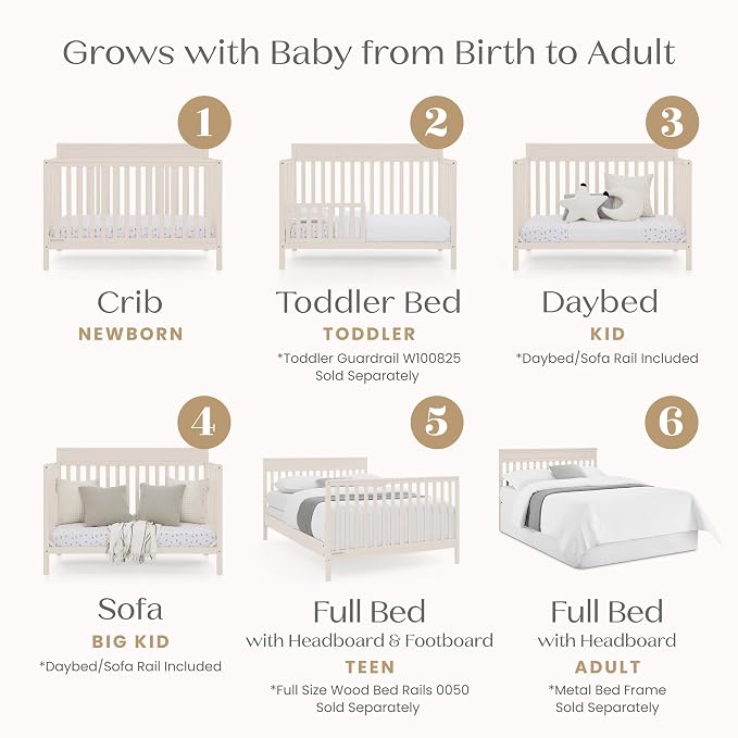 Delta Children Isabelle 6-in-1 Convertible Crib, Converts to Toddler Bed, Daybed, Sofa & Full Bed with/Without Footbaord, Greenguard Gold Certified, Mattress Heights, Soft Beige