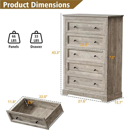 LOUVIXA Farmhouse Bedroom Sets of 4, Including 9 Drawer Dresser, 5 Drawer Dressers and Nightstand Set of 2 with Charging Station (Grey Sets, 3 Pieces-9 Drawer Dresser+2 Nightstand)