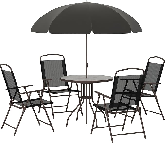 Outsunny 6 Piece Patio Dining Set for 4 with Umbrella, Outdoor Table and Chairs with 4 Folding Dining Chairs & Round Glass Table for Garden, Backyard and Poolside, Black and Coffee