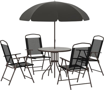 Outsunny 6 Piece Patio Dining Set for 4 with Umbrella, Outdoor Table and Chairs with 4 Folding Dining Chairs & Round Glass Table for Garden, Backyard and Poolside, Black and Coffee
