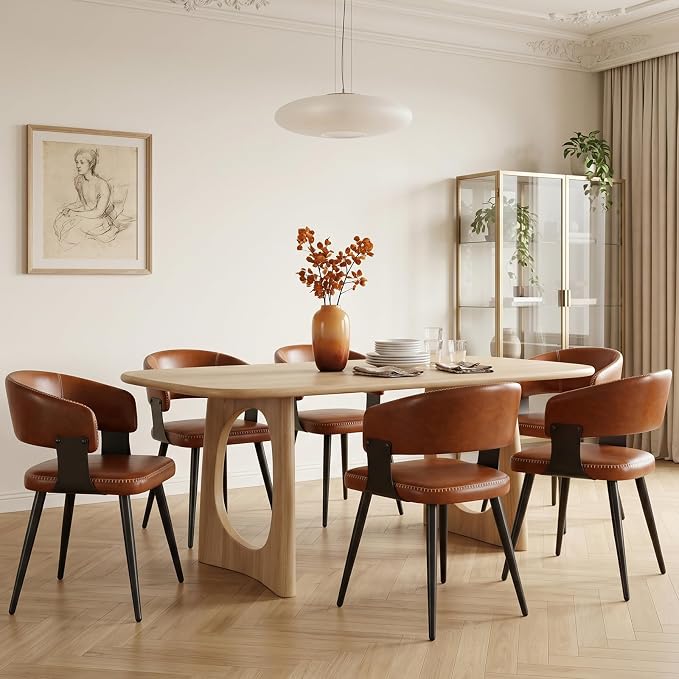 Dining Chairs Set of 6, Modern Upholstered PU Leather Kitchen & Dining Room Chairs with Curved Open Back Metal Legs, Kitchen Chairs for Dining Room Restaurant (Vintage Brown, Set of 6)