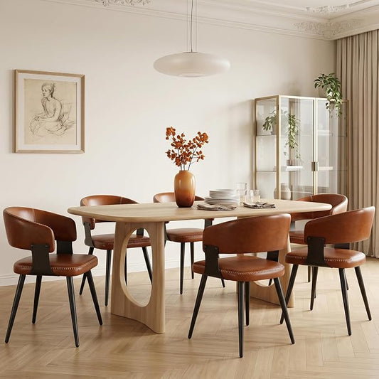 Dining Chairs Set of 6, Modern Upholstered PU Leather Kitchen & Dining Room Chairs with Curved Open Back Metal Legs, Kitchen Chairs for Dining Room Restaurant (Vintage Brown, Set of 6)