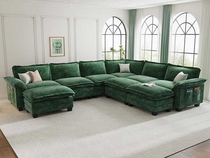 KKL Large J-Shaped Modular Sectional Sofa, 9 Seater Cloud Couch with Ottoman, Chenille Sectional Couches for Living Room, Apartment, Green