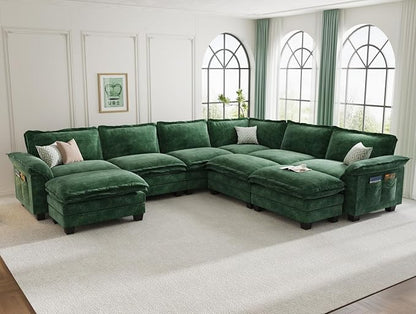 KKL Large J-Shaped Modular Sectional Sofa, 9 Seater Cloud Couch with Ottoman, Chenille Sectional Couches for Living Room, Apartment, Green