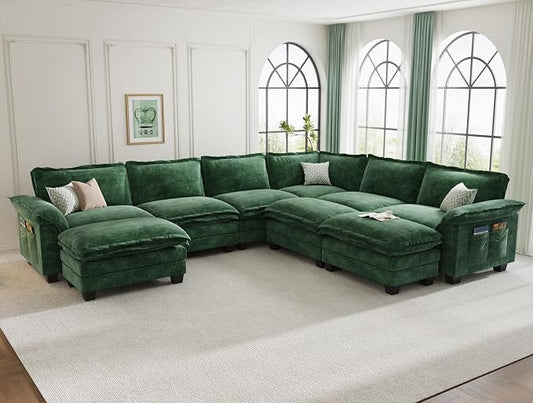 KKL Large J-Shaped Modular Sectional Sofa, 9 Seater Cloud Couch with Ottoman, Chenille Sectional Couches for Living Room, Apartment, Green