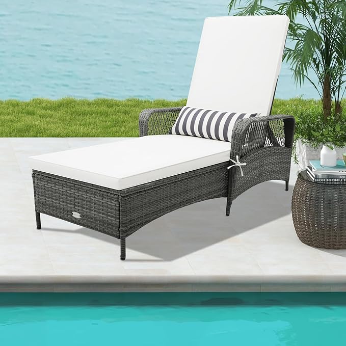 COSTWAY PE Rattan Chaise Lounge Chair, 6 Gear Adjustable Recliner with Armrest & Pillow, Wicker Outdoor Furniture for Deck, Patio (2, Gray)