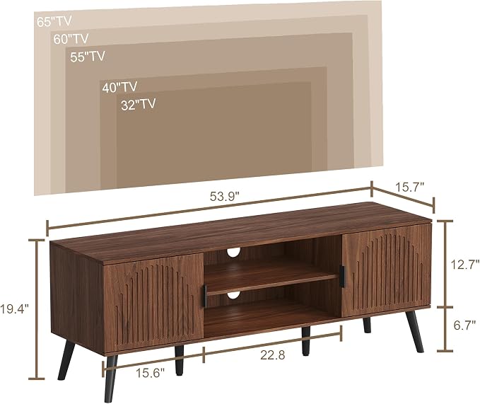 ChooChoo TV Stand for Living Room, Mid Century Modern TV Stand for 55/60 Inch TVs, Entertainment Center with Storage Cabinet and Open Shelves, TV Console Table Media Cabinet for Bedroom, Walnut