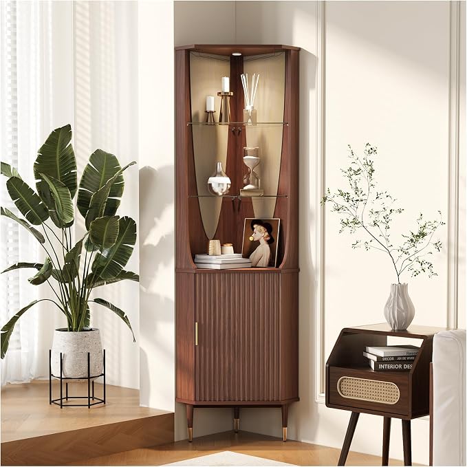 JOINICE Tall Corner Bar Cabinet for Liquor,Mid-Century Modern,Walnut,70" | Fluted Cabinet Door,Glass Shelves,Wine Cabinet for Living Room, Kitchen,Dining Room,Easy Assembly,Fit for Small Apartment