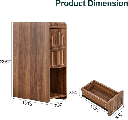 Walnut Narrow Nightstand, Wooden Small 2 Drawer Nightstand, Slim Side End Table, Skinny Bedside Table, Mid Century Modern Night Stand with Drawers, for Living Room (Deep Walnut-1 pc)
