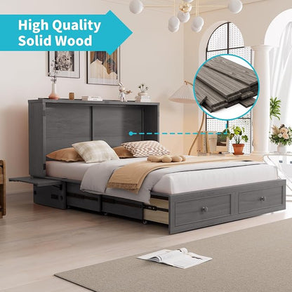 CECER Slate Grey Murphy Bed Cabinet with Mattress, Space-Saving Folding Bed