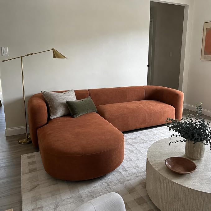 Acanva Luxury Modern Tight Curved Back Velvet Sofa, Minimalist Style Comfy Couch for Living Room Apartment, L-Shape Left Chaise, Tangerine