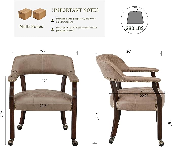 LEEMTORIG Set of 2 Dining Chairs with Casters and Arms, Rolling Dining Chairs with Wheels for Elderly, Ergonomic Wide Seat Wood Office Chair, 26" Dx25.2 W, Espresso Legs&Yellow Brown Fabric SY-318-LT