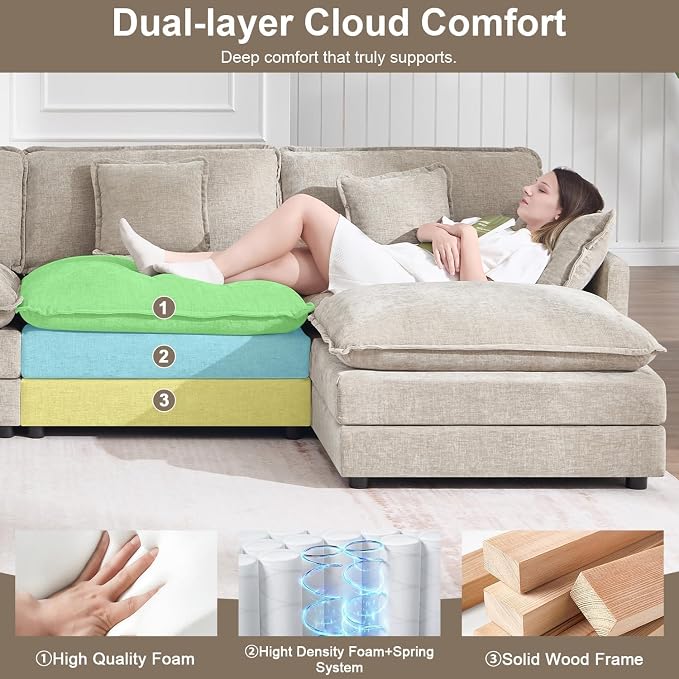 76.7" Modular Sectional Sofa with Ottoman, Modern L Shaped Sectional Couch, Comfy Cloud Couch for Living Room, Loveseat Chenille Deep Seat Sofa with Pillow for Bedroom Apartment, Small Spaces, Camel