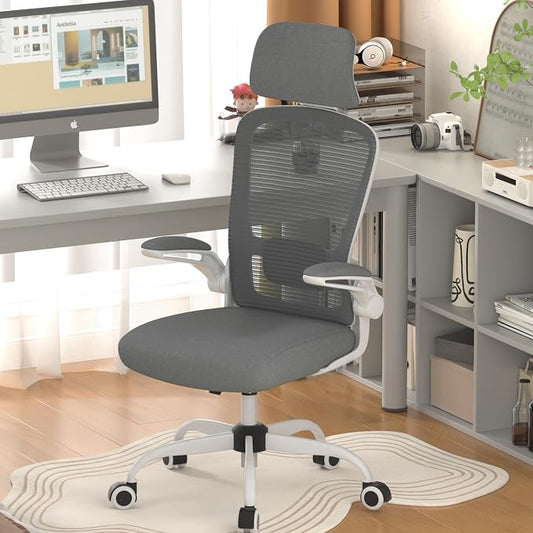 Mimoglad Office Chair, High Back Ergonomic Desk Chair with Adjustable Lumbar Support and Headrest, with flip-up Armrests for Guitar Playing, 5 Years Warranty (Modern, Charcoal (White Frame))