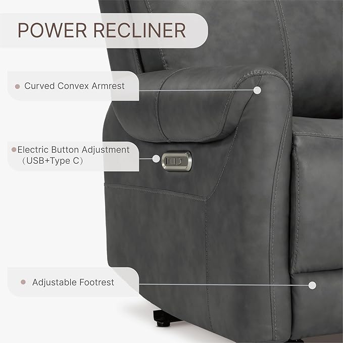 KISLOT Leather Recliner Chair for Adults Wall Hugger RV Recliner with USB Charging Ports Electric Power Reclining Sofa for Living Room Home Theater Seating Bedroom