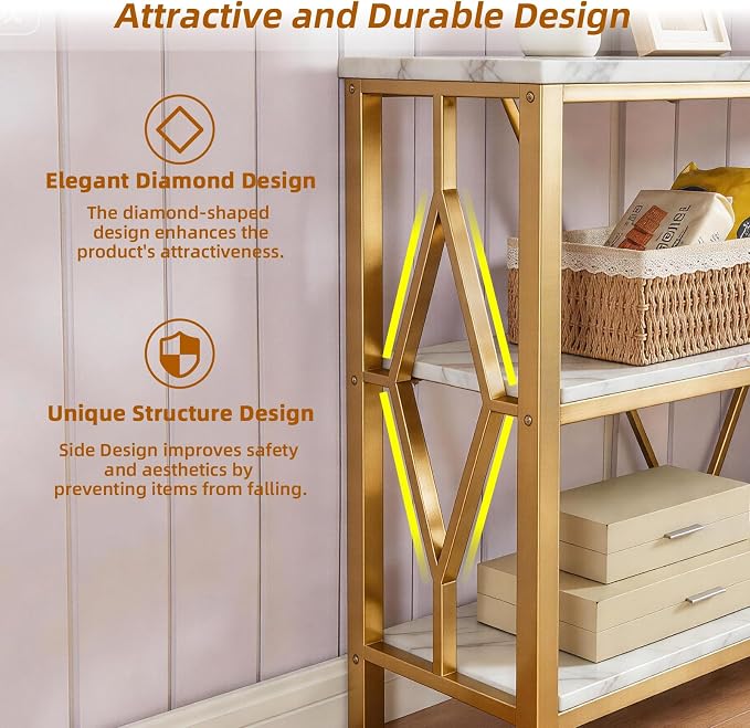 HOMISSUE Sofa Console Table, Rustic Console Table with 3-Tier Storage, Engineered Wood Sofa Tables with Open Shelves, Heavy Duty Entryway Tables for Living Room, Hallway (47 Inch, Gold)