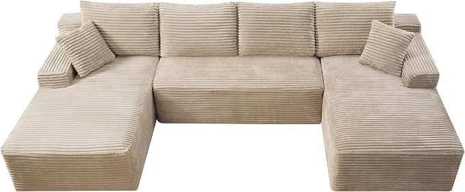 132" Oversized U-Shaped Cloud Sectional Couch Plush Corduroy Boneless Symmetrical Sofa, Front Facing Modular Compressed Boneless Sectional Sofa with Double Chaise Lounges