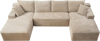 132" Oversized U-Shaped Cloud Sectional Couch Plush Corduroy Boneless Symmetrical Sofa, Front Facing Modular Compressed Boneless Sectional Sofa with Double Chaise Lounges