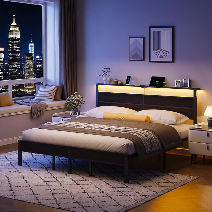 Liians Black King Size Bed Frame with LED Lights and Charging Station, King Size Platform Bed with Metal Slats and Wood Headboard, No Box Spring Needed