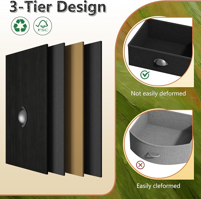 Night Stand Set 2, Nightstand with 2 Fabric Drawer, End Table with Open Shelf, Bedside Table Side Table with Wooden Top for Bedroom, Black